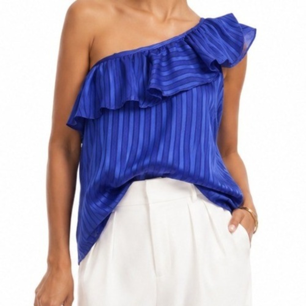 WHBM Royal Blue One Shoulder Ruffle Metallic Stripe Blouse Top Size 4 NWT